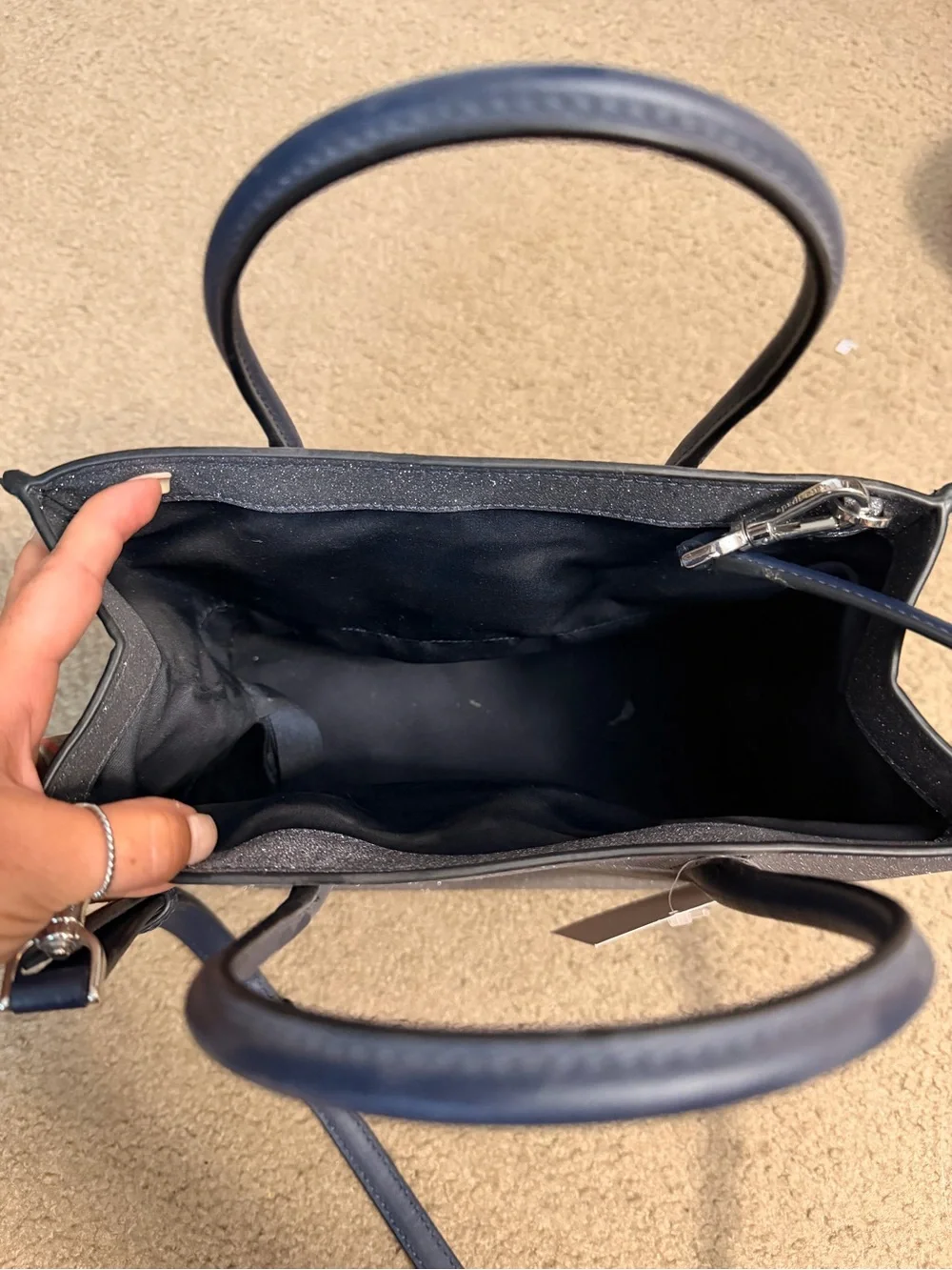 kate spade Silver Glitter Tote with Navy Handles